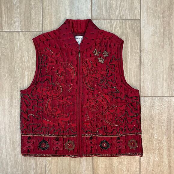 Chico's Red Silk Vest Women Size 2 Y2K Embroidered Beaded Zip Front Boho Holiday - Picture 1 of 7